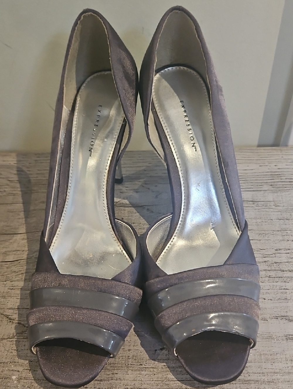 💥2/$15💥Suede Open-Toe Heels with Gloss Trim - Gray